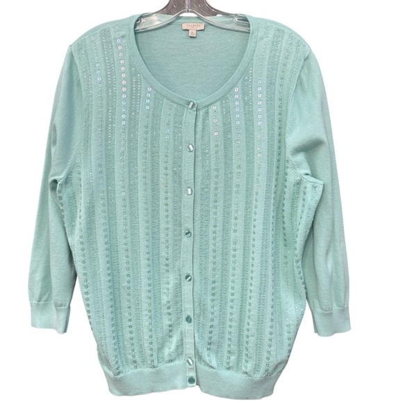Talbots Mint Green Sequin Cardigan Sweater Women’s XL Cotton Long Sleeve - Picture 1 of 6